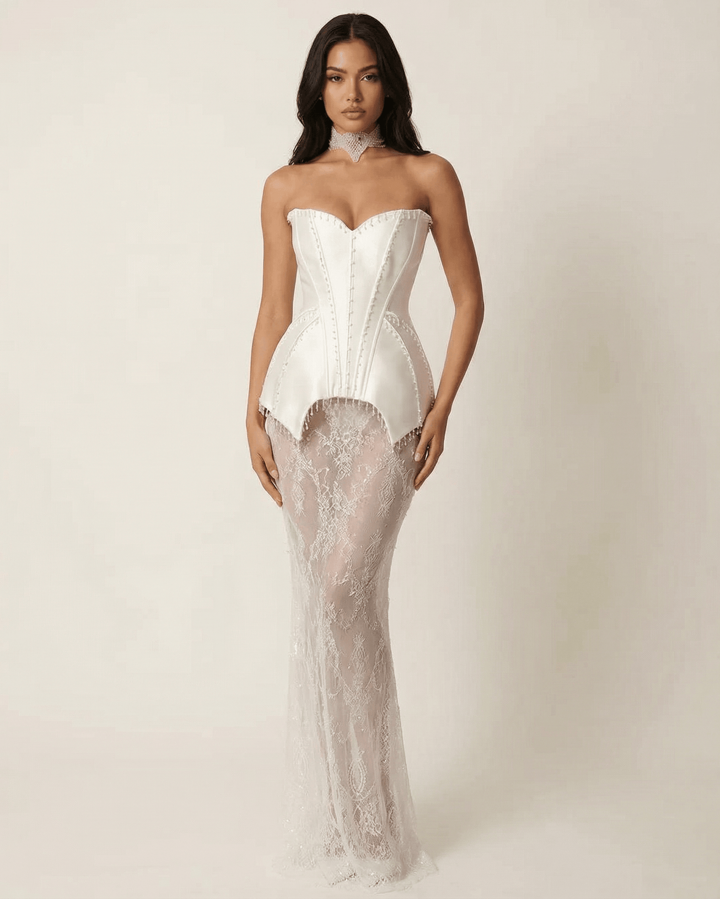 Elegant Lunaria Maxi Dress by SLIMONA featuring a strapless corset bodice and sheer lace patchwork skirt.