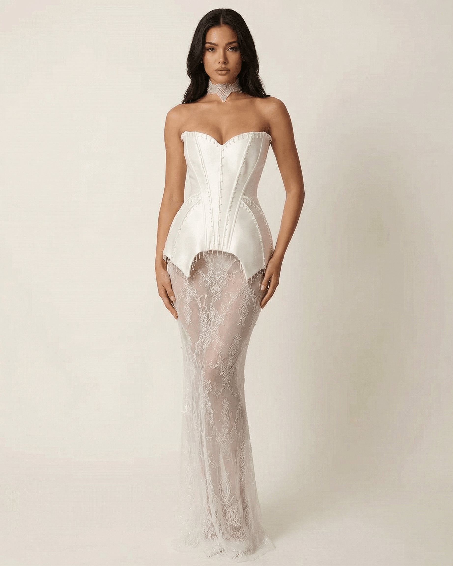 Elegant Lunaria Maxi Dress by SLIMONA featuring a strapless corset bodice and sheer lace patchwork skirt.