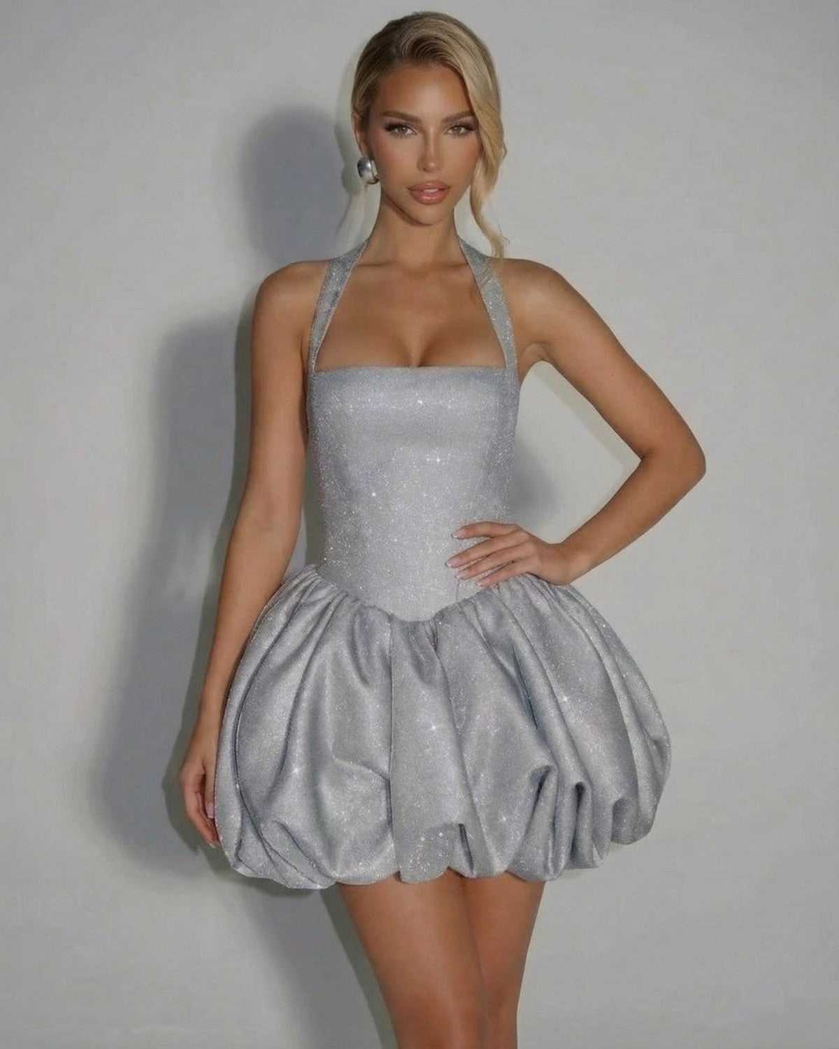 Lunaria Mini Dress by SLIMONA - Sequin pouf mini dress with a sculpted silhouette and luminous silver finish.