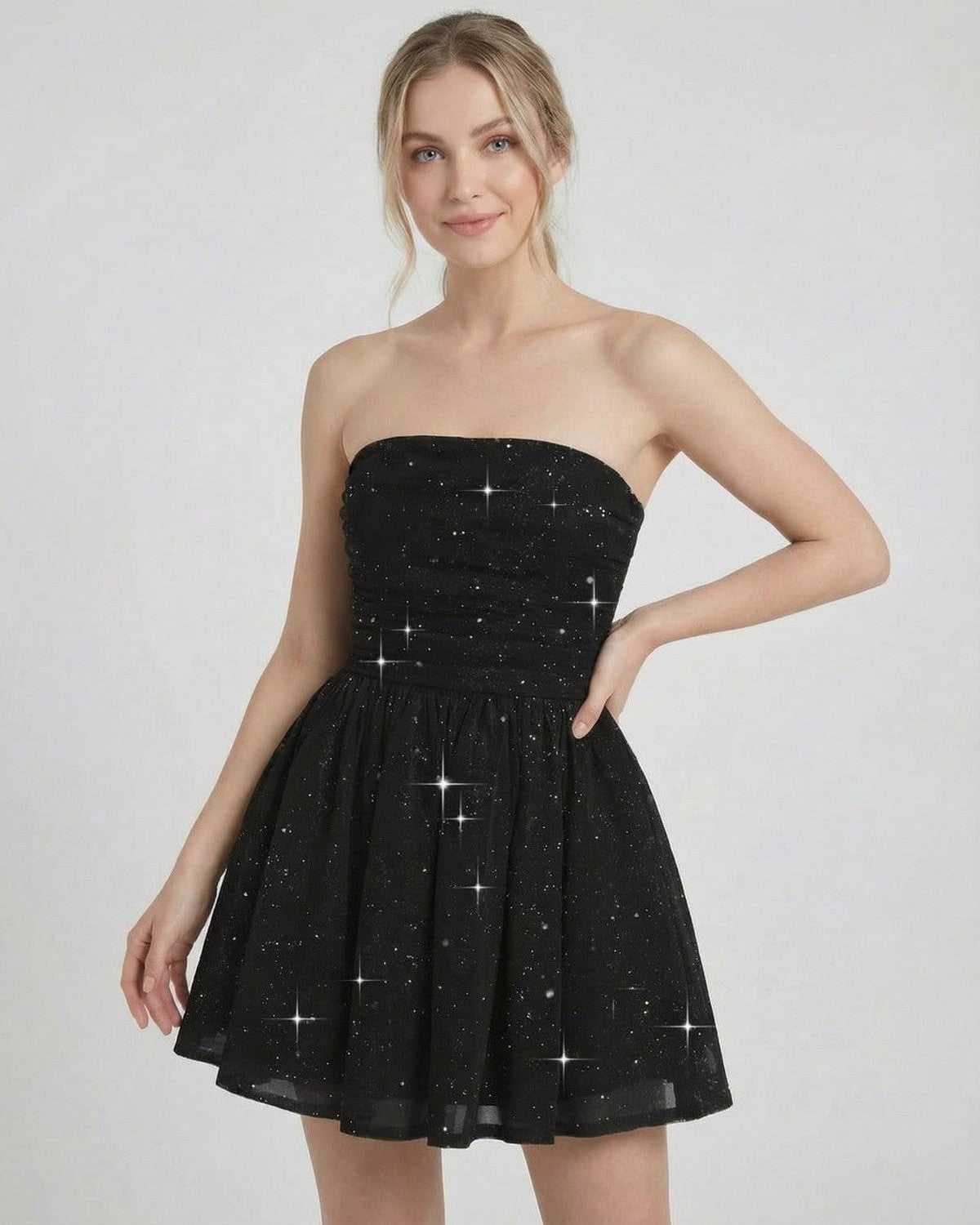 Lyra Mini Dress by SLIMONA - Elegant strapless A-line black dress with subtle shimmer.
