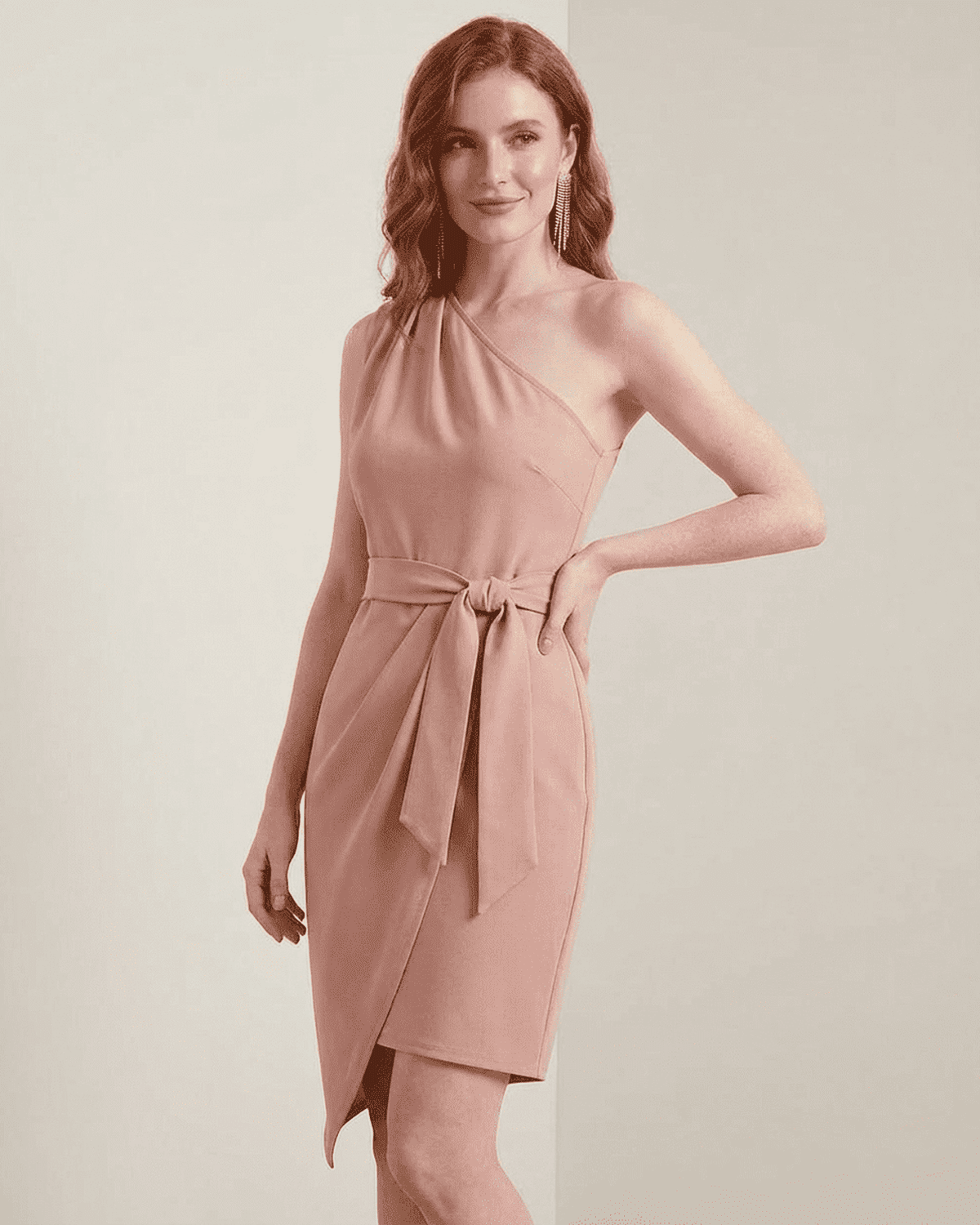 Lyra Mini Dress by SLIMONA - One-Shoulder Satin Bodycon with Asymmetrical Hem in soft pink.