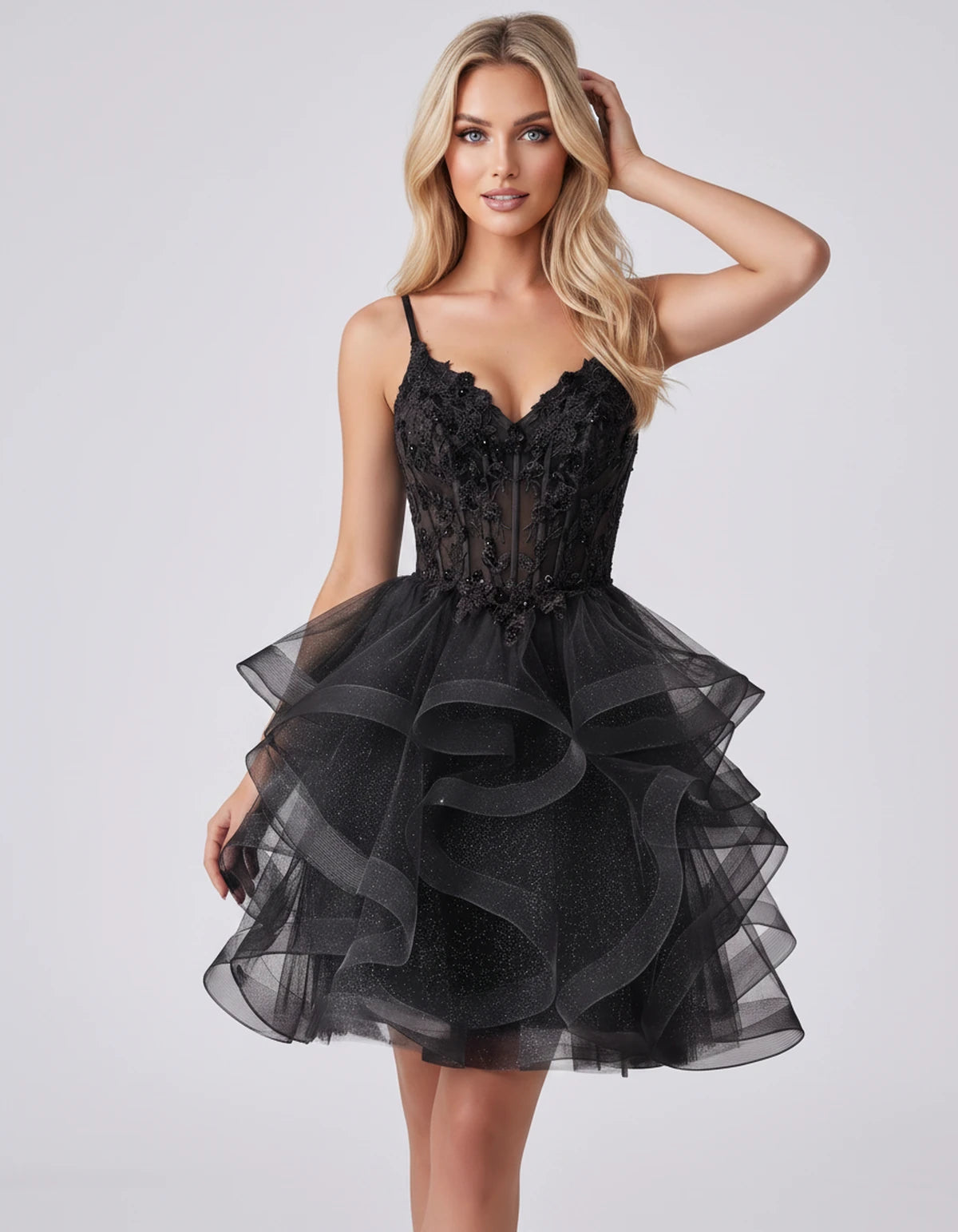 Mandarine Mini Dress — Black | SKU: SD-29526-black-2,SD-29526-black-4,SD-29526-black-6,SD-29526-black-8,SD-29526-black-10,SD-29526-black-12,SD-29526-black-14,SD-29526-black-14W,SD-29526-black-16,SD-29526-black-16W,SD-29526-black-18W,SD-29526-black-20W