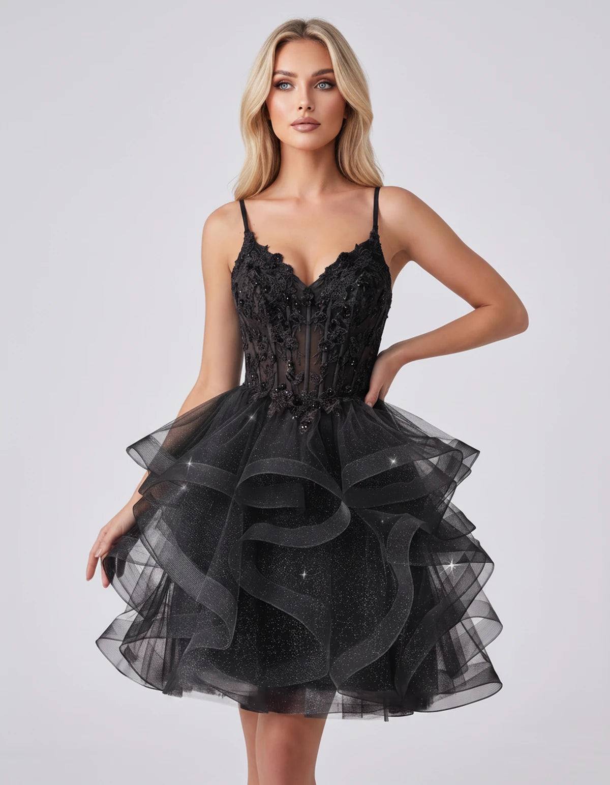 Mandarine Mini Dress — Black | SKU: SD-29526-black-2,SD-29526-black-4,SD-29526-black-6,SD-29526-black-8,SD-29526-black-10,SD-29526-black-12,SD-29526-black-14,SD-29526-black-14W,SD-29526-black-16,SD-29526-black-16W,SD-29526-black-18W,SD-29526-black-20W