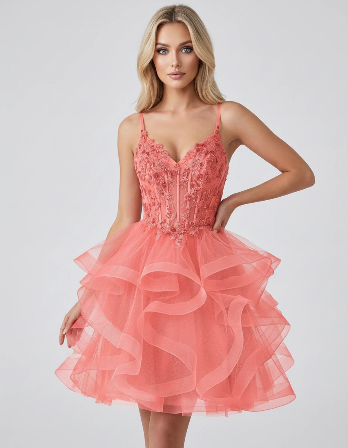 Mandarine Mini Dress — Coral | SKU: SD-29526-coral-2,SD-29526-coral-4,SD-29526-coral-6,SD-29526-coral-8,SD-29526-coral-10,SD-29526-coral-12,SD-29526-coral-14,SD-29526-coral-14W,SD-29526-coral-16,SD-29526-coral-16W,SD-29526-coral-18W,SD-29526-coral-20W