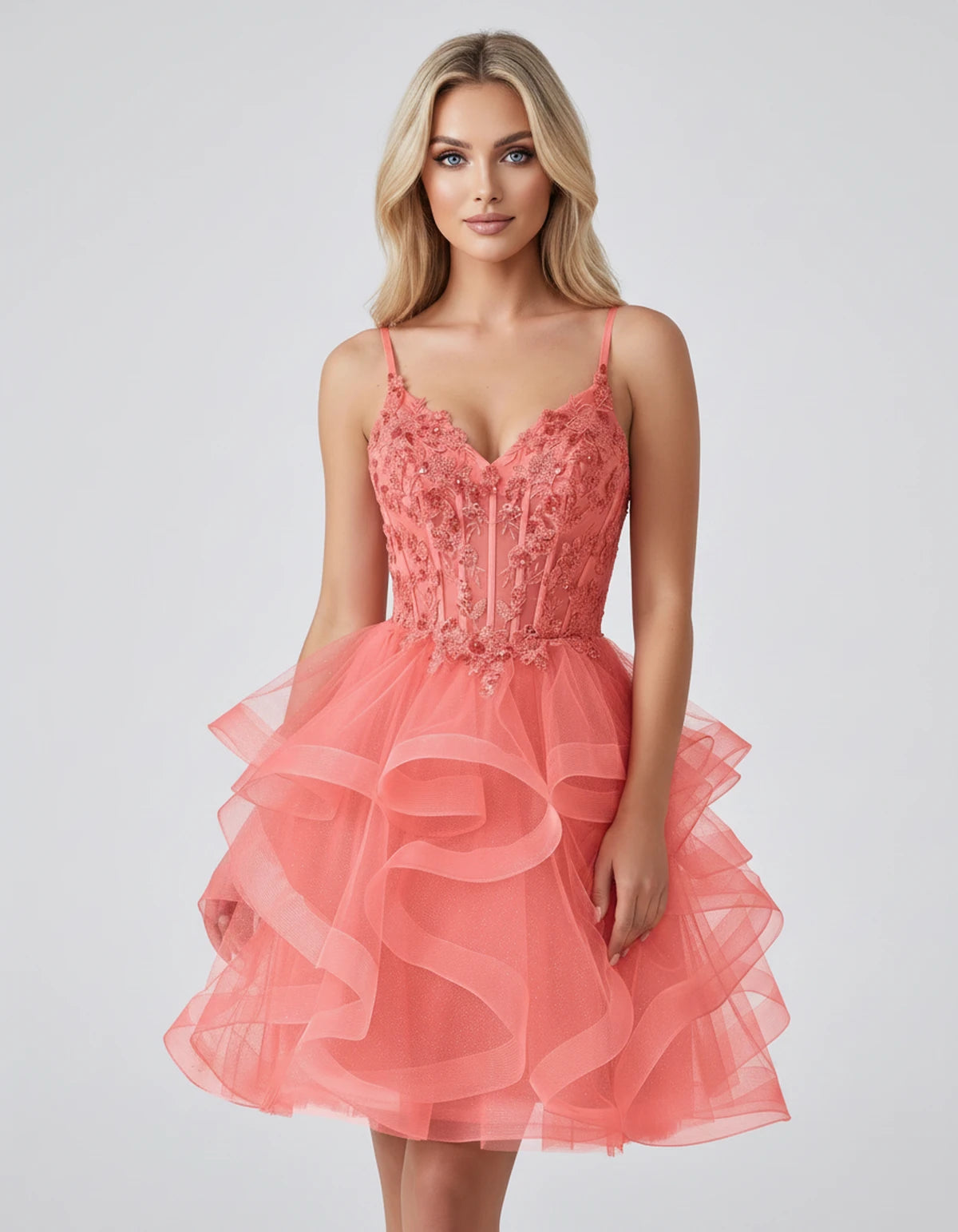 Mandarine Mini Dress — Coral | SKU: SD-29526-coral-2,SD-29526-coral-4,SD-29526-coral-6,SD-29526-coral-8,SD-29526-coral-10,SD-29526-coral-12,SD-29526-coral-14,SD-29526-coral-14W,SD-29526-coral-16,SD-29526-coral-16W,SD-29526-coral-18W,SD-29526-coral-20W