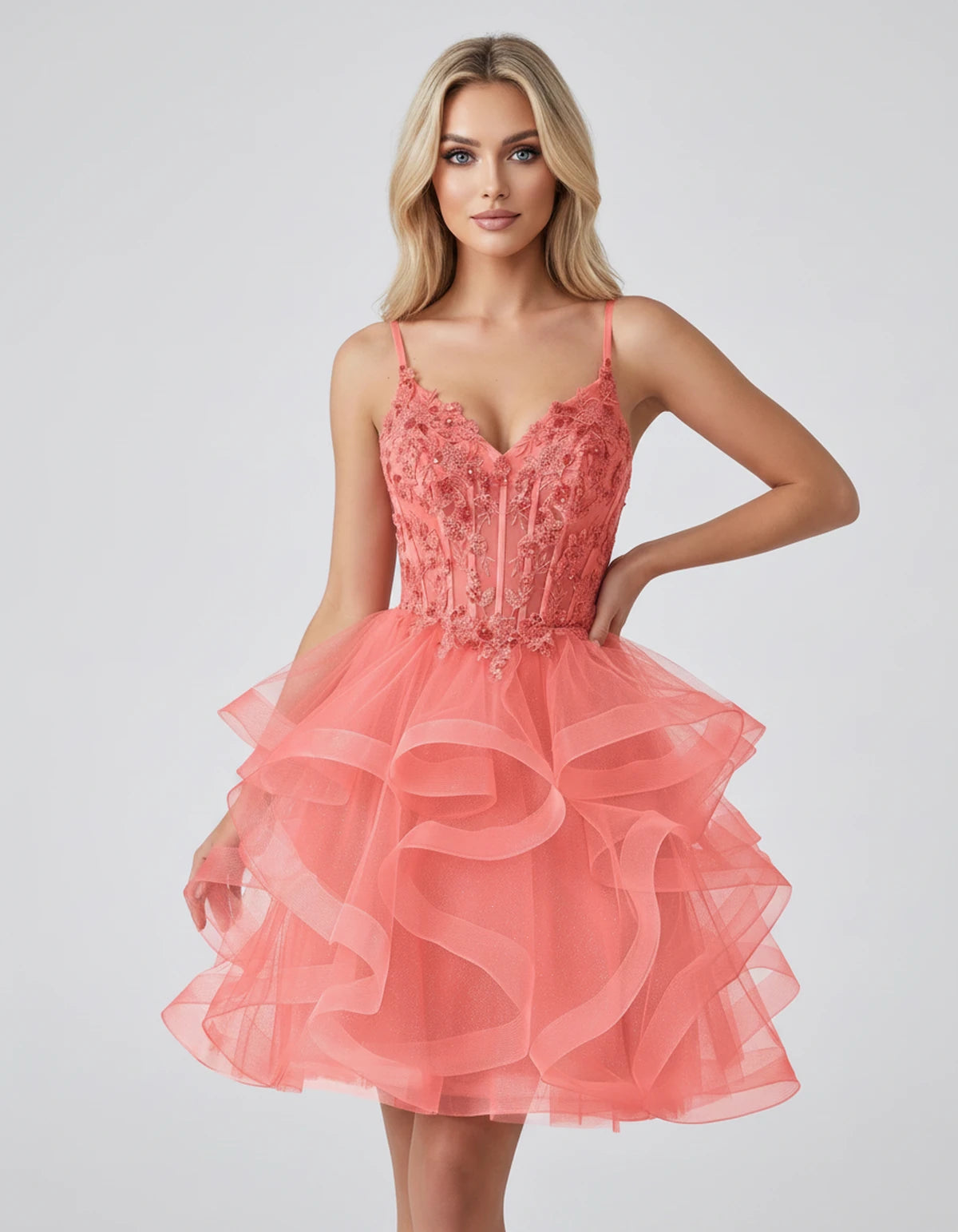 Mandarine Mini Dress — Coral | SKU: SD-29526-coral-2,SD-29526-coral-4,SD-29526-coral-6,SD-29526-coral-8,SD-29526-coral-10,SD-29526-coral-12,SD-29526-coral-14,SD-29526-coral-14W,SD-29526-coral-16,SD-29526-coral-16W,SD-29526-coral-18W,SD-29526-coral-20W