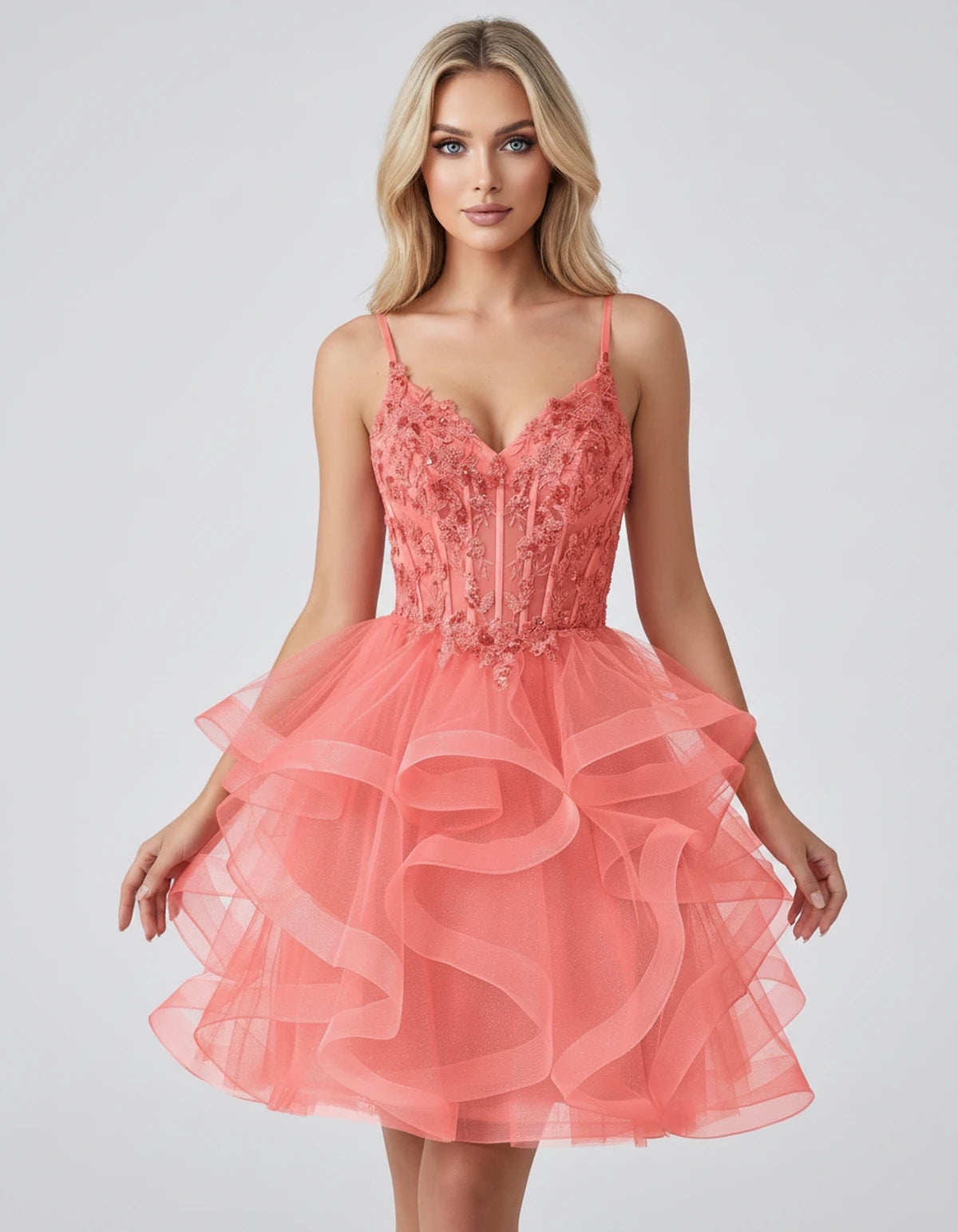 Mandarine Mini Dress — Coral | SKU: SD-29526-coral-2,SD-29526-coral-4,SD-29526-coral-6,SD-29526-coral-8,SD-29526-coral-10,SD-29526-coral-12,SD-29526-coral-14,SD-29526-coral-14W,SD-29526-coral-16,SD-29526-coral-16W,SD-29526-coral-18W,SD-29526-coral-20W