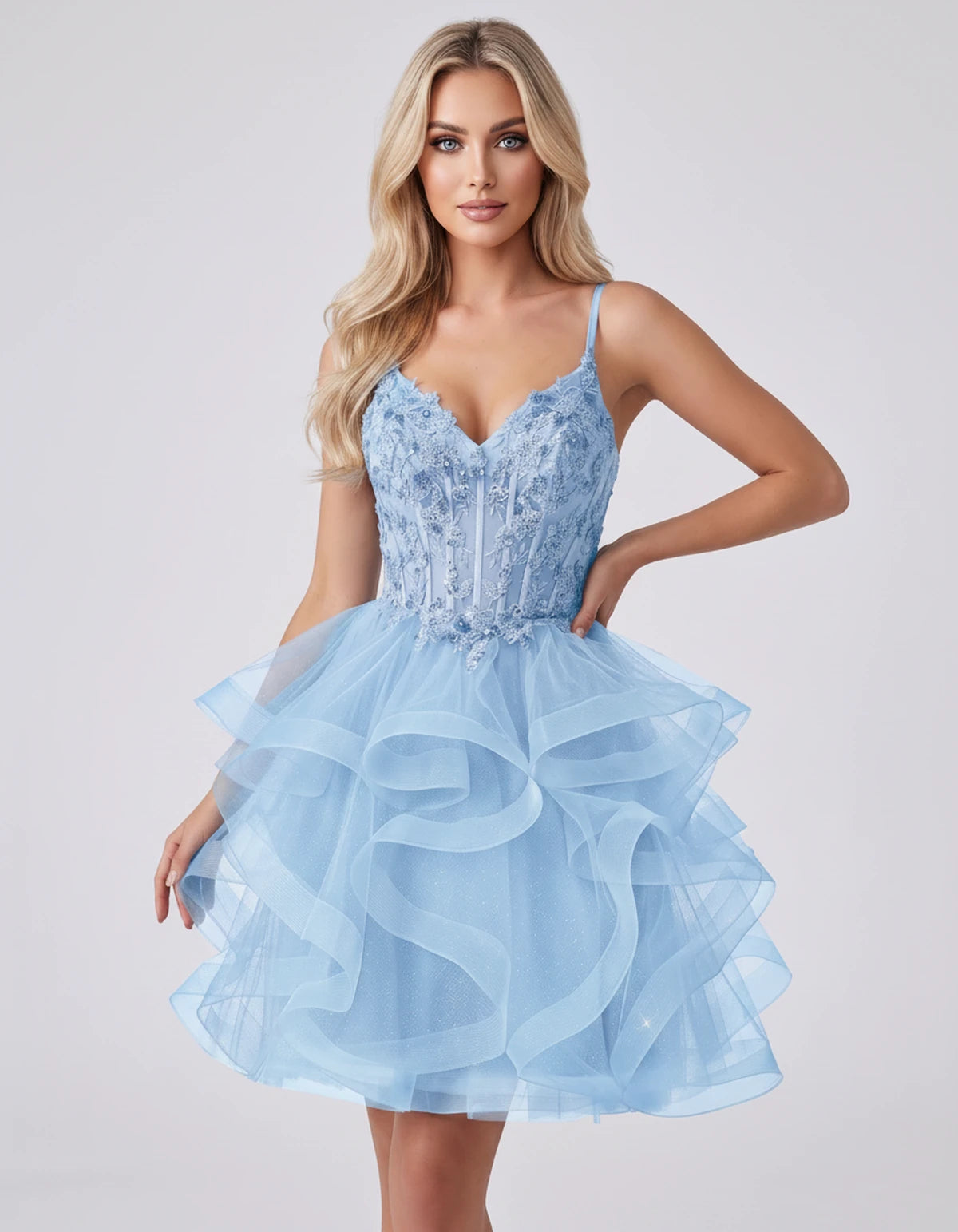 Mandarine Mini Dress — Light Blue | SKU: SD-29526-lightblue-2,SD-29526-lightblue-4,SD-29526-lightblue-6,SD-29526-lightblue-8,SD-29526-lightblue-10,SD-29526-lightblue-12,SD-29526-lightblue-14,SD-29526-lightblue-14W,SD-29526-lightblue-16,SD-29526-lightblue-16W,SD-29526-lightblue-18W,SD-29526-lightblue-20W