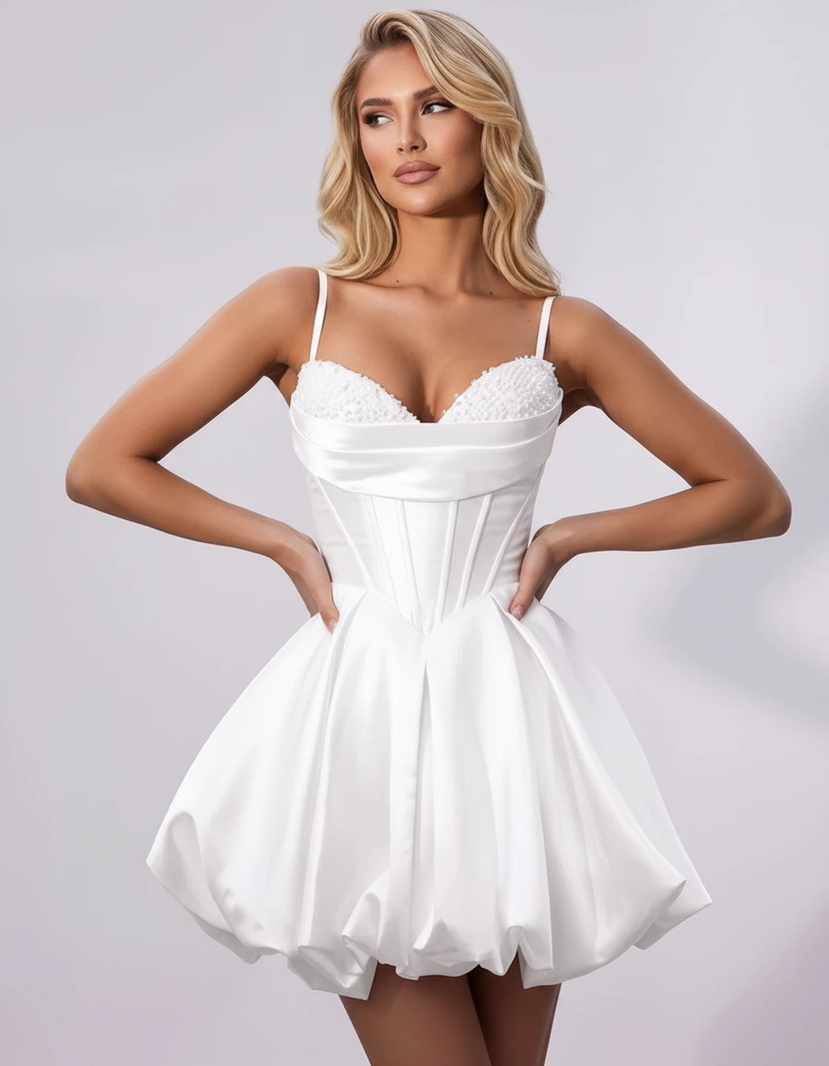 Marceline Mini Dress — White | SKU: SD-50451-white-2,SD-50451-white-4,SD-50451-white-6,SD-50451-white-8,SD-50451-white-10,SD-50451-white-12,SD-50451-white-14,SD-50451-white-16,SD-50451-white-16W,SD-50451-white-18W,SD-50451-white-20W,SD-50451-white-22W