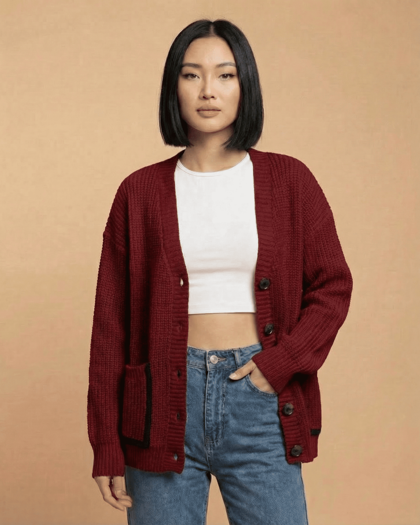 Merano Cardigan from SLIMONA — Relaxed fit V-neck color block knit sweater for stylish layering.