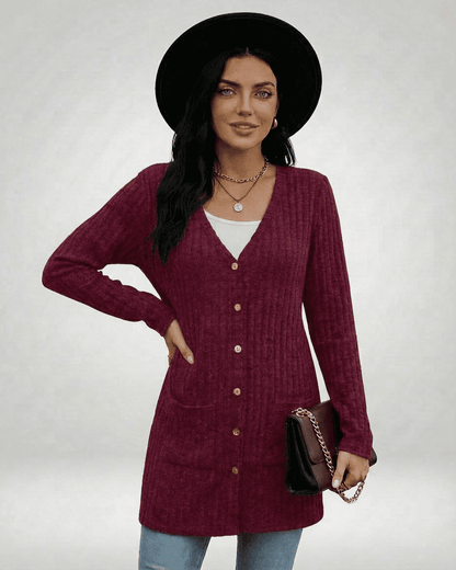 Merlot Cardigan by SLIMONA, longline button-front knitwear in vibrant burgundy, perfect for everyday style.