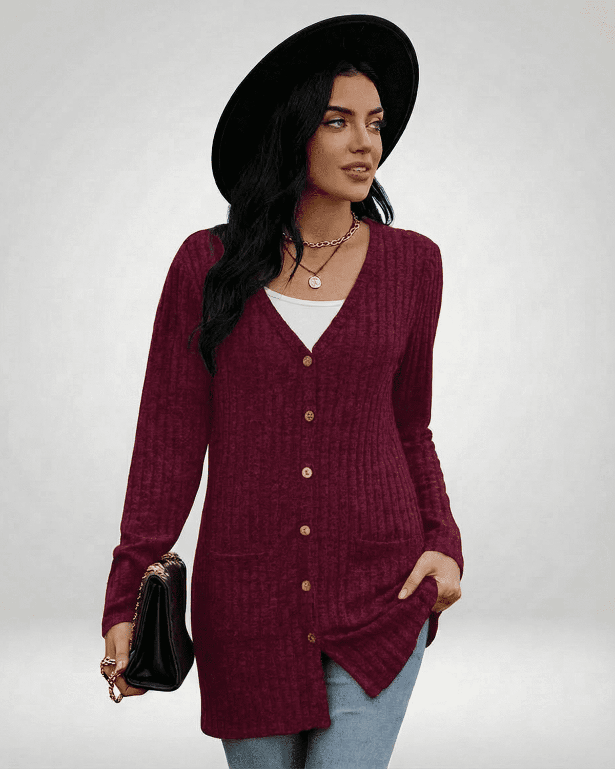 Merlot Cardigan by SLIMONA featuring a longline silhouette and button-front design, perfect for stylish everyday wear.