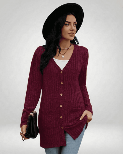 Merlot Cardigan by SLIMONA featuring a longline silhouette and button-front design, perfect for stylish everyday wear.