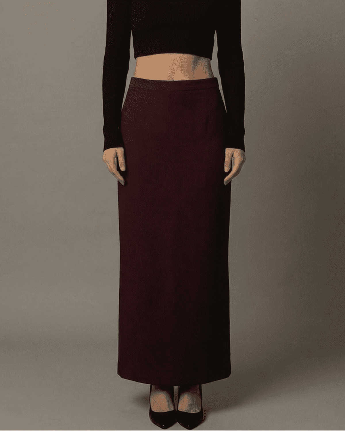 Merlot Maxi Skirt by SLIMONA showcasing high-waisted design and elegant silhouette.