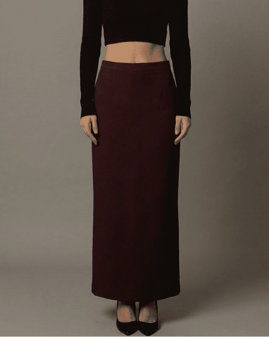 Merlot Maxi Skirt by SLIMONA showcasing high-waisted design and elegant silhouette.