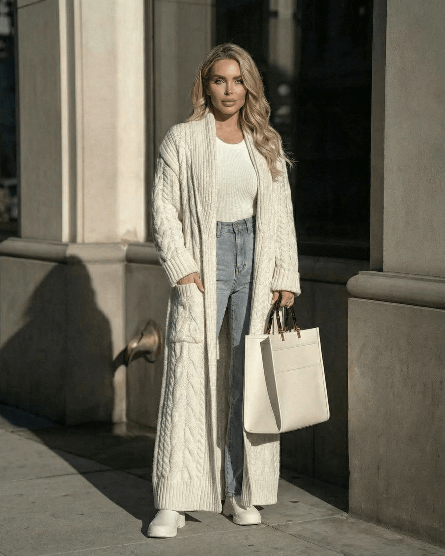 Milano Cardigan by Lauven, a long cable-knit wool blend layer styled with jeans and a tote bag in an urban setting.