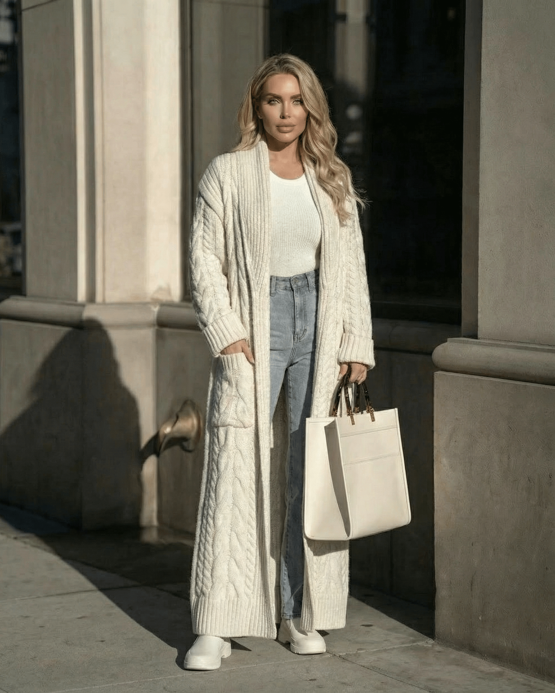 Milano Cardigan by Lauven, a long cable-knit wool blend layer styled with jeans and a tote bag in an urban setting.