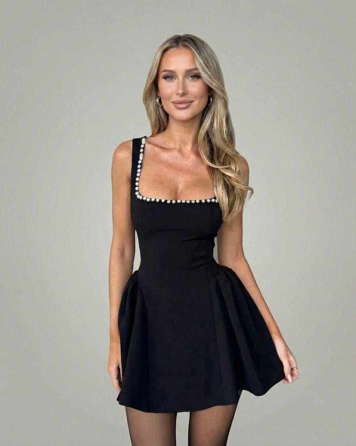 Monaco Mini Dress by Lauven — A-line mini dress with pearl-trim square neckline, sleeveless and polished finish.