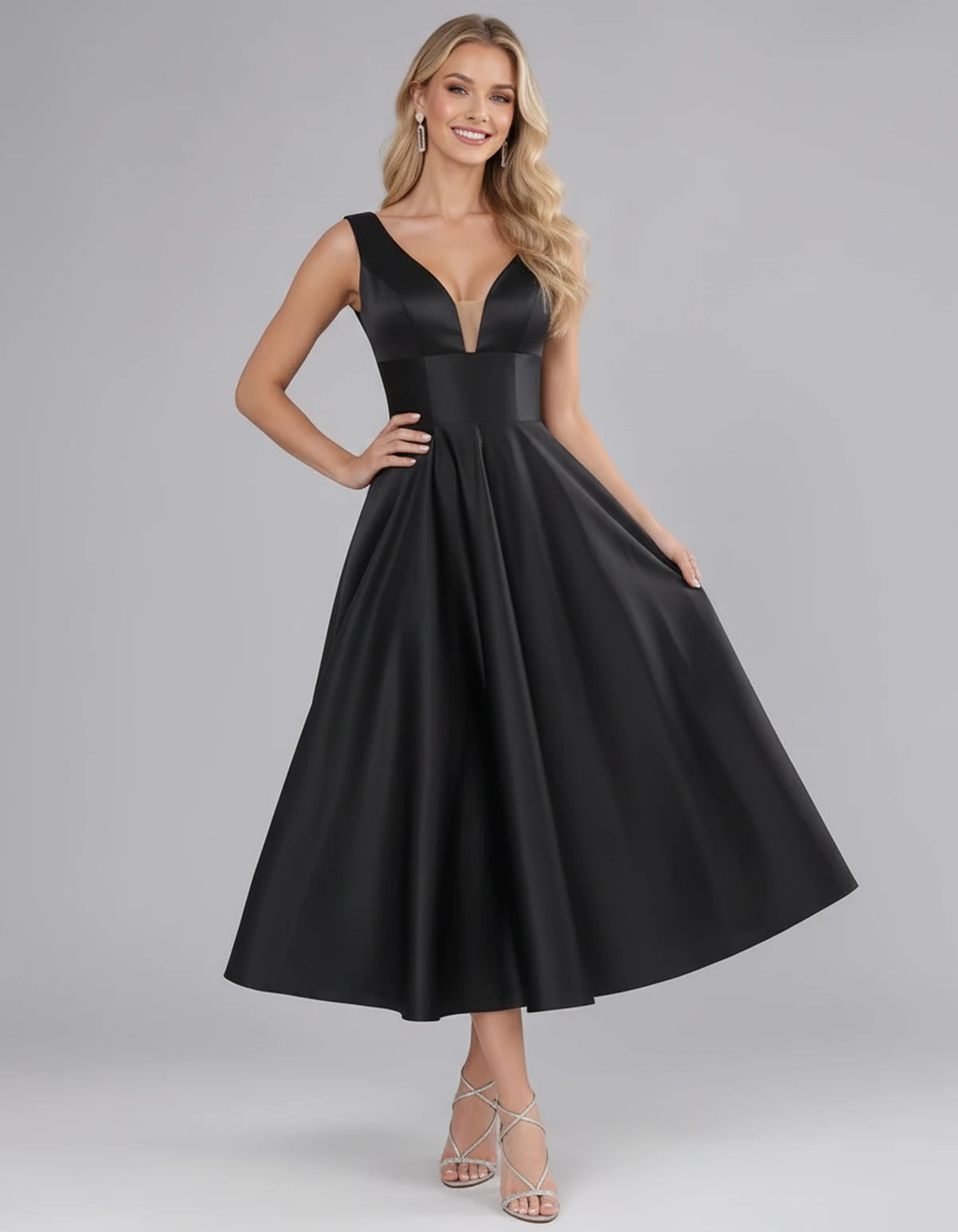 Montaigne Midi Dresses — Black | SKU: SD-07068-black-2,SD-07068-black-4,SD-07068-black-6,SD-07068-black-8,SD-07068-black-10,SD-07068-black-12,SD-07068-black-14,SD-07068-black-16,SD-07068-black-16W,SD-07068-black-18W