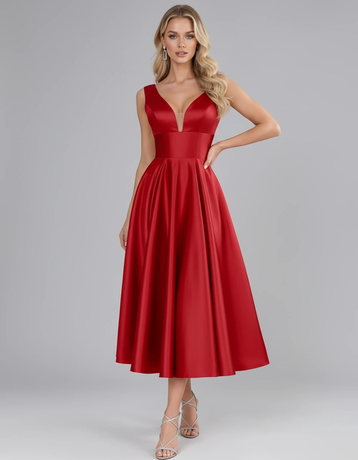 Montaigne Midi Dresses — Red | SKU: SD-07068-red-2,SD-07068-red-4,SD-07068-red-6,SD-07068-red-8,SD-07068-red-10,SD-07068-red-12,SD-07068-red-14,SD-07068-red-16,SD-07068-red-16W,SD-07068-red-18W