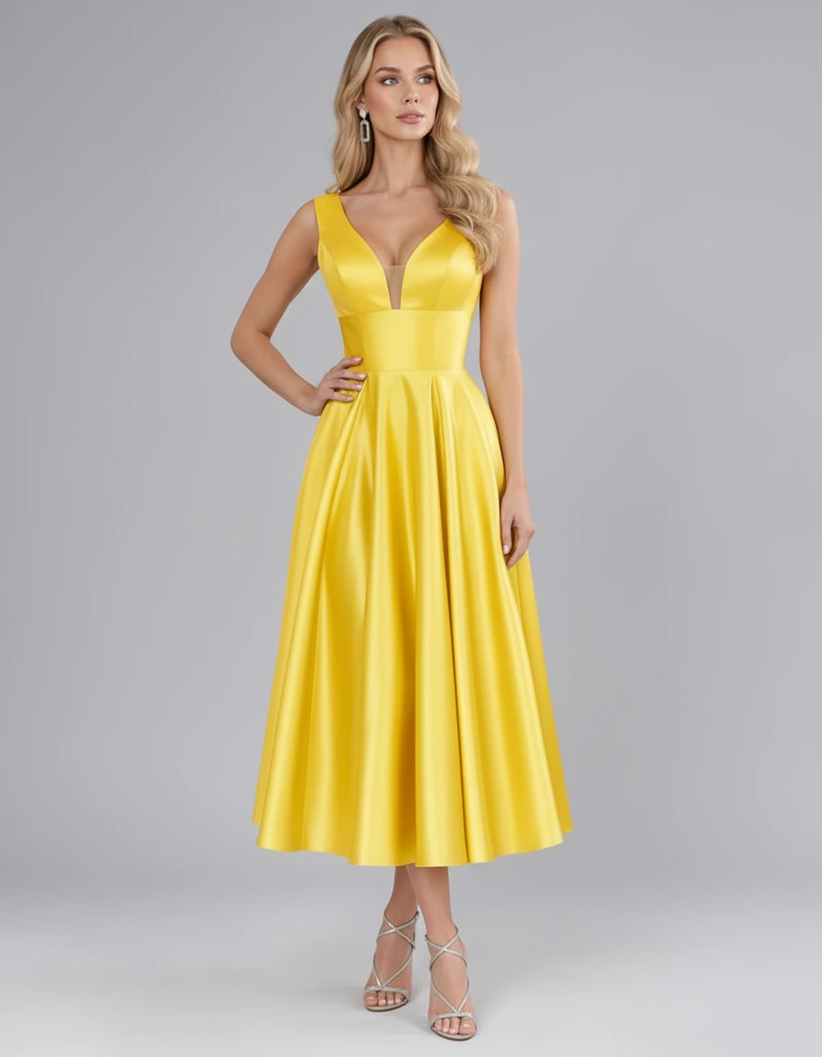 Montaigne Midi Dresses — Yellow | SKU: SD-07068-yellow-2,SD-07068-yellow-4,SD-07068-yellow-6,SD-07068-yellow-8,SD-07068-yellow-10,SD-07068-yellow-12,SD-07068-yellow-14,SD-07068-yellow-16,SD-07068-yellow-16W,SD-07068-yellow-18W