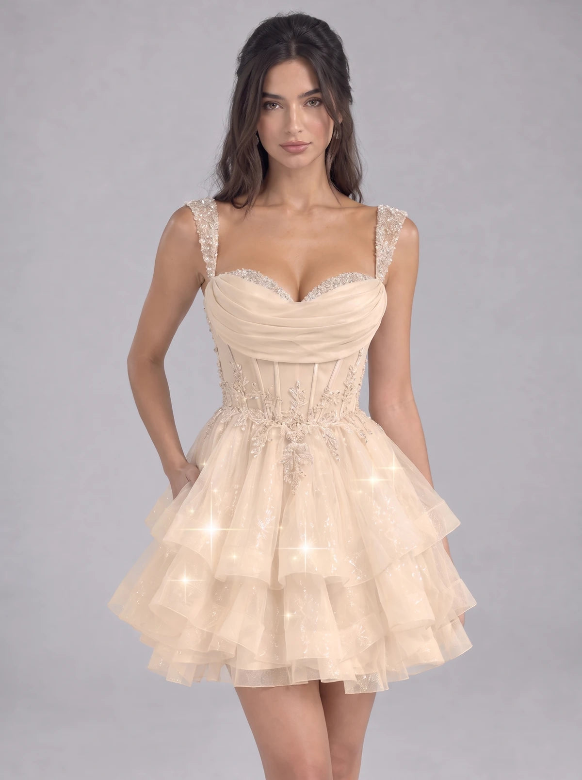 Nadalie Mini Dress — Champagne | SKU: SD-45915-champagne-2,SD-45915-champagne-4,SD-45915-champagne-6,SD-45915-champagne-8,SD-45915-champagne-10,SD-45915-champagne-12,SD-45915-champagne-14,SD-45915-champagne-16,SD-45915-champagne-16W,SD-45915-champagne-18W,SD-45915-champagne-20W,SD-45915-champagne-22W