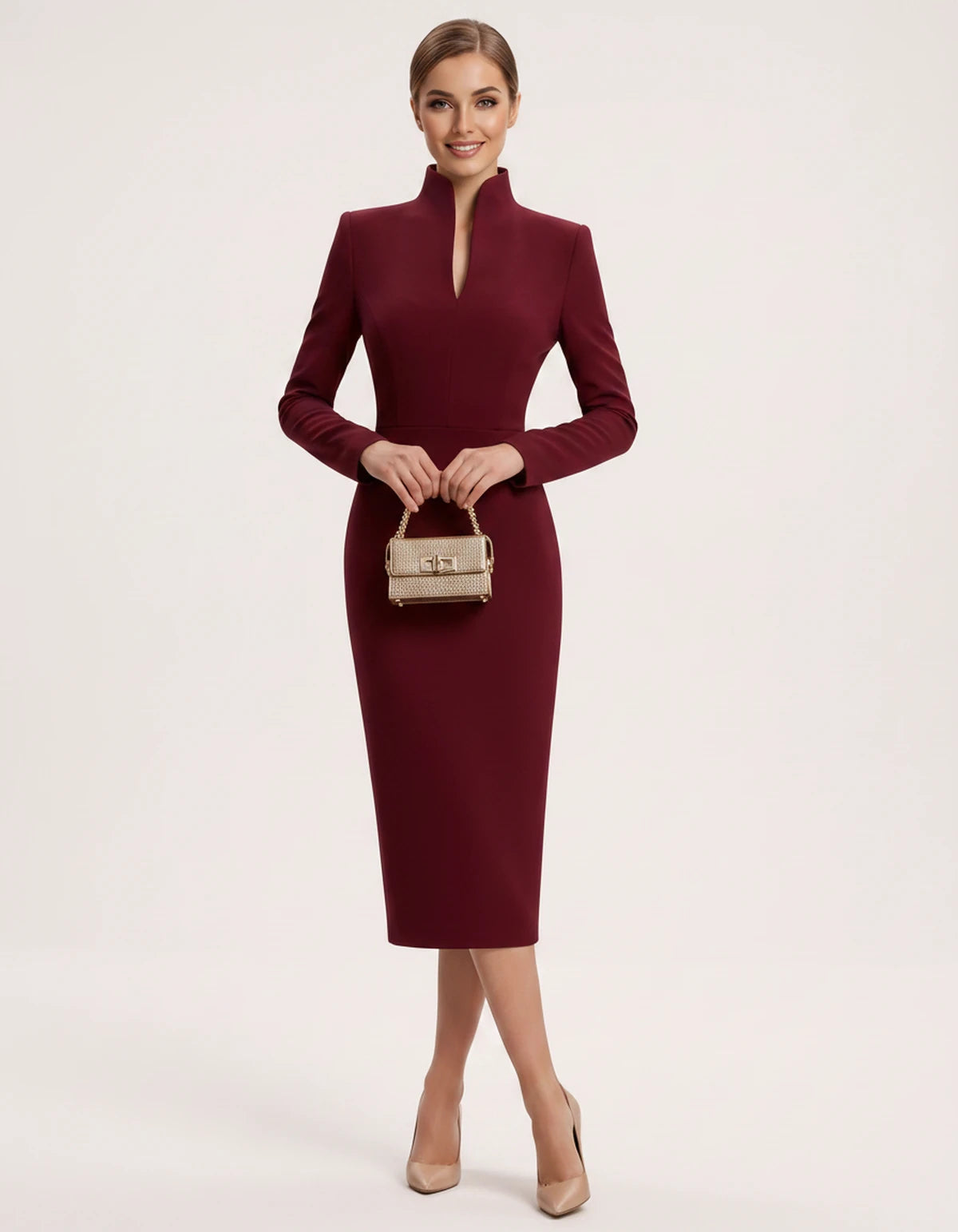 Naiara Midi Dresses — 04 Wine Red | SKU: SD-78942-04winered-XS,SD-78942-04winered-S,SD-78942-04winered-M,SD-78942-04winered-L,SD-78942-04winered-XL,SD-78942-04winered-2XL