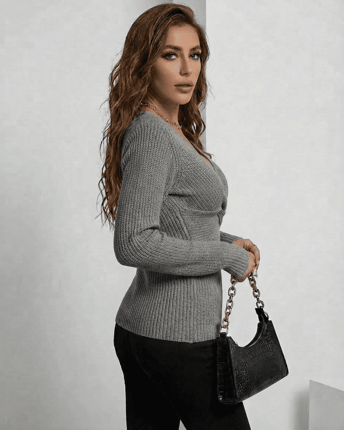 Nerina Pullover by SLIMONA - Elegant grey ribbed slim fit sweater with V-neck for a chic look.