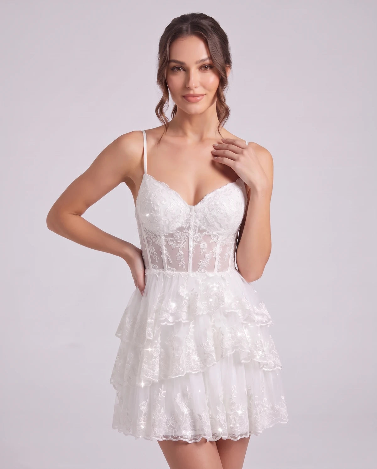 Nicolette Mini Dress — White | SKU: SD-70322-white-2,SD-70322-white-4,SD-70322-white-6,SD-70322-white-8,SD-70322-white-10,SD-70322-white-12,SD-70322-white-14,SD-70322-white-16,SD-70322-white-18W,SD-70322-white-20W,SD-70322-white-22W,SD-70322-white-24W