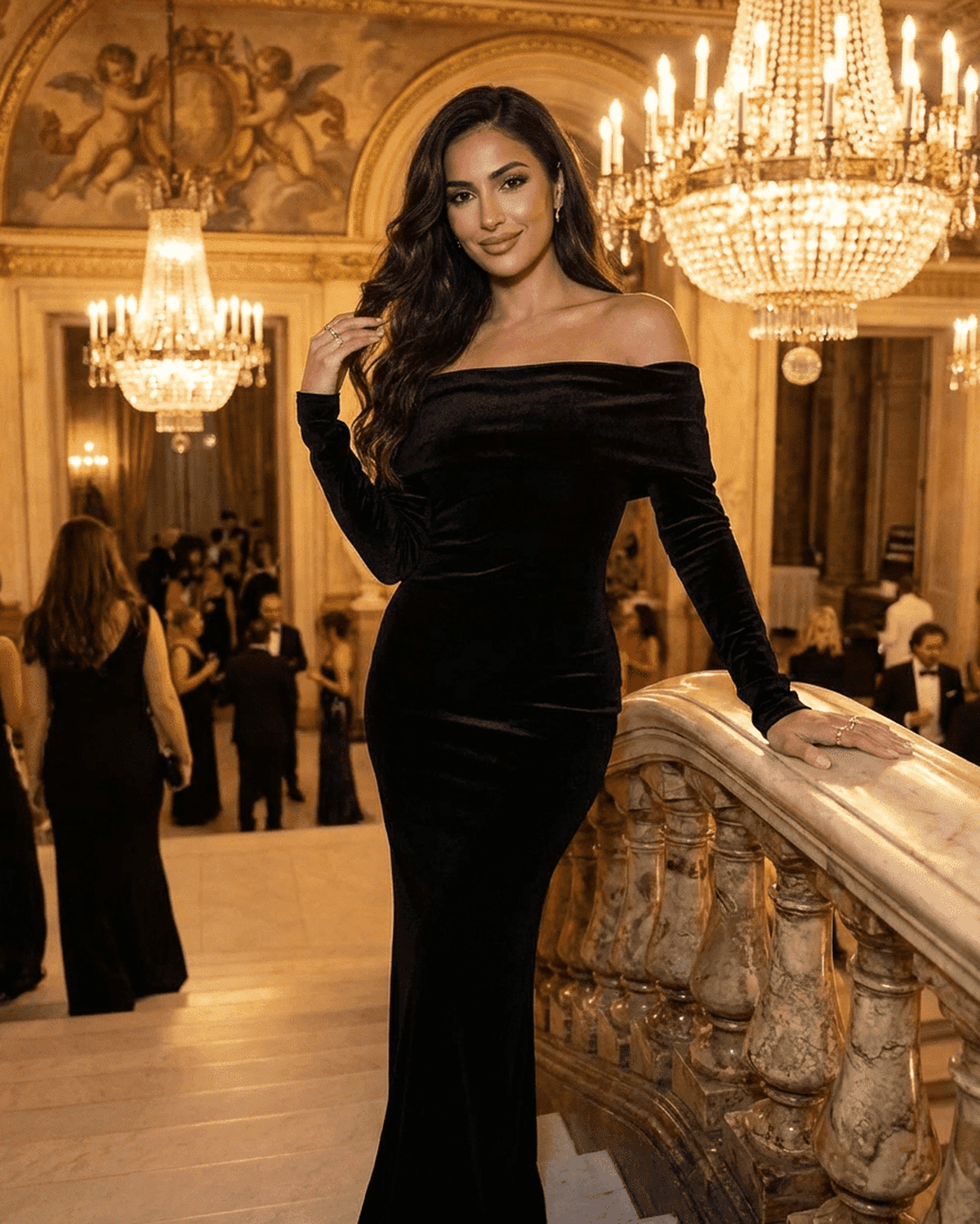 Noctura Maxi Dress by SLIMONA worn off-shoulder at elegant event, showcasing sleek bodycon silhouette and luxurious design.