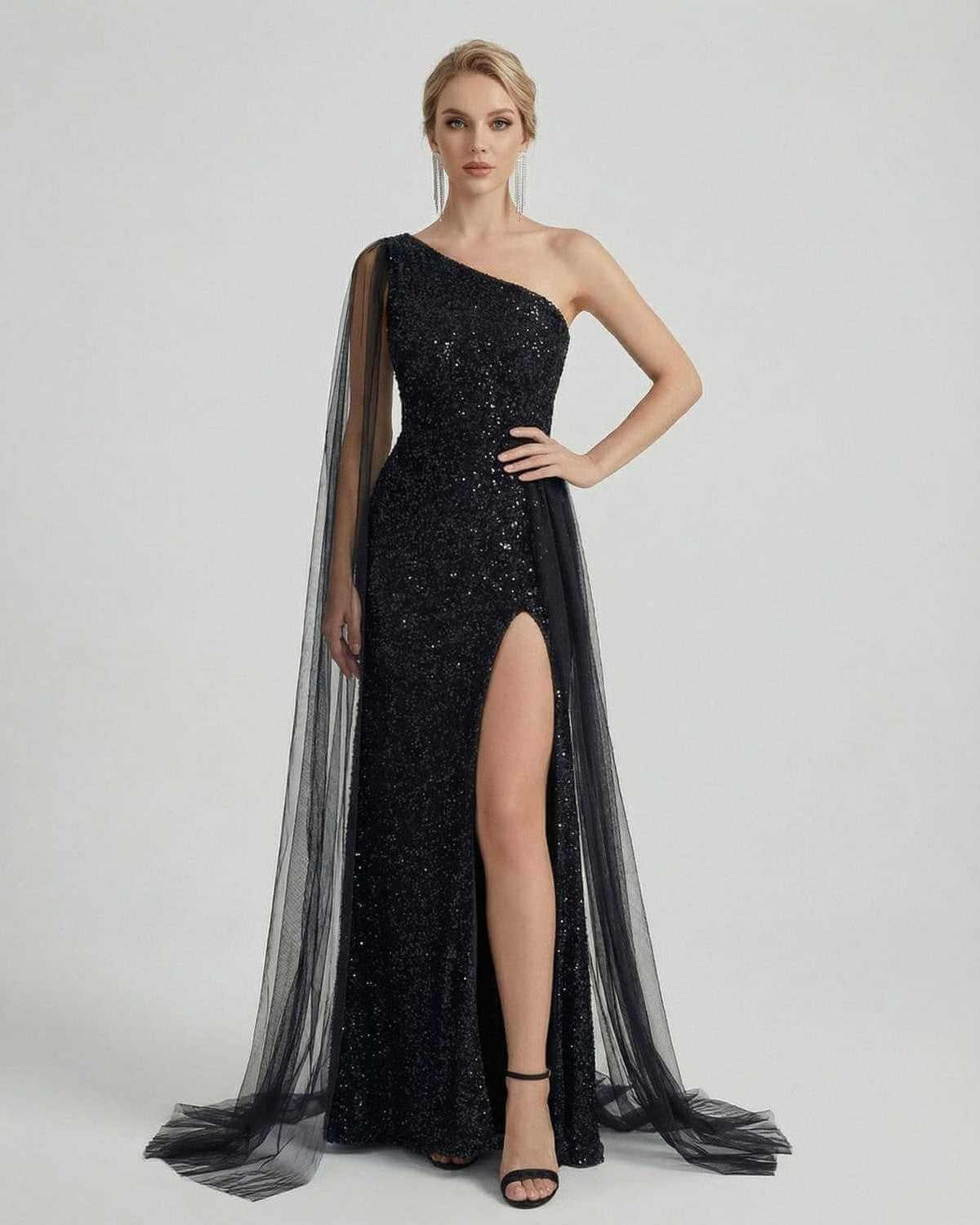 Nocturne Maxi Dress by SLIMONA, featuring a one shoulder design and sheer mesh drape for an elegant evening look.