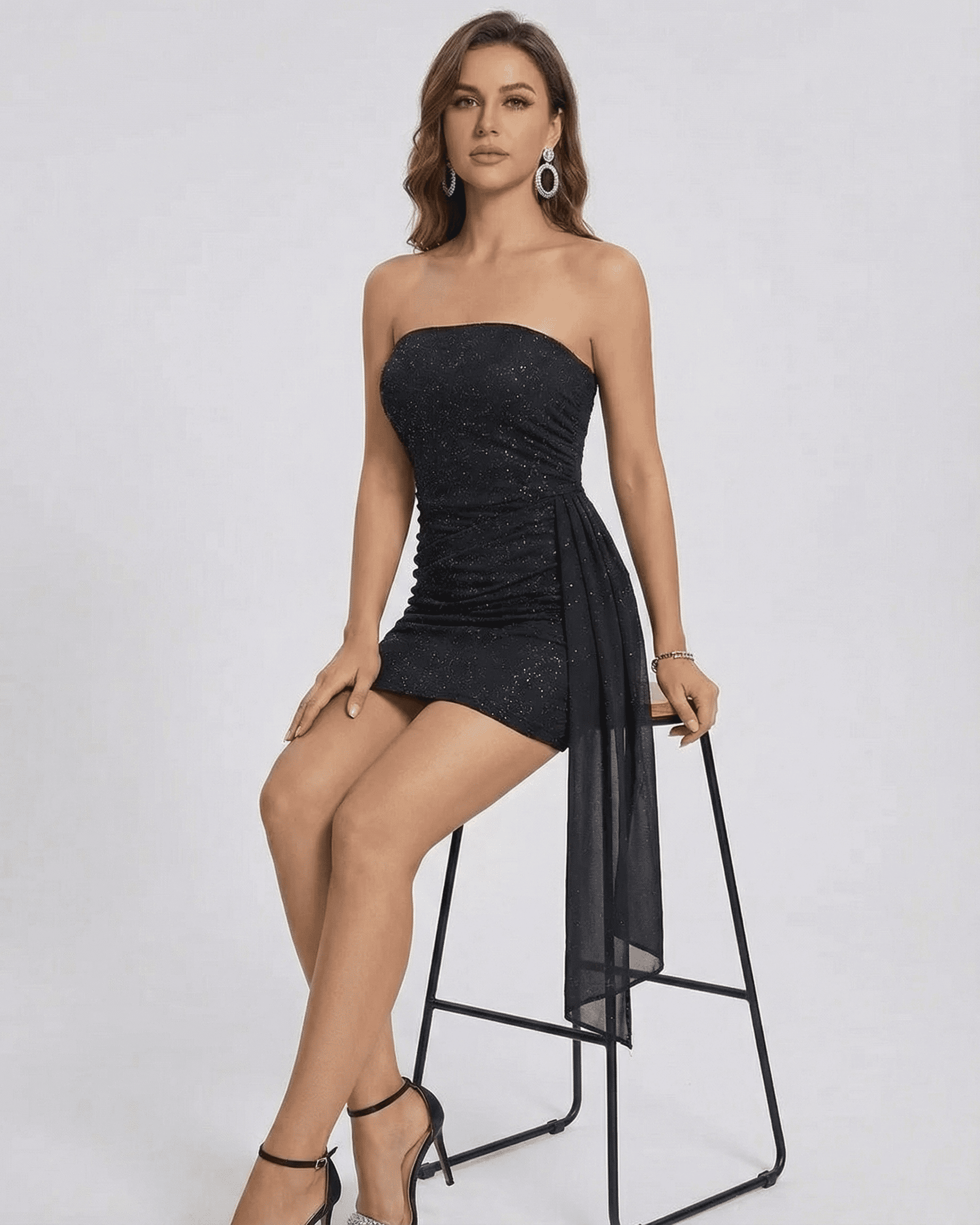 Nocturne Mini Dress by SLIMONA - Strapless high-waist black mini dress with draped panel, showcasing elegance.