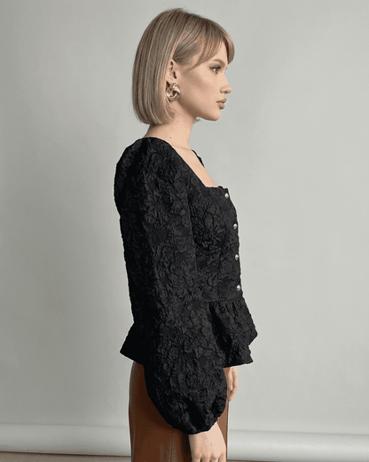 Noir Corset Top by SLIMONA, a jacquard square neck blouse with puff sleeves and tailored structure.