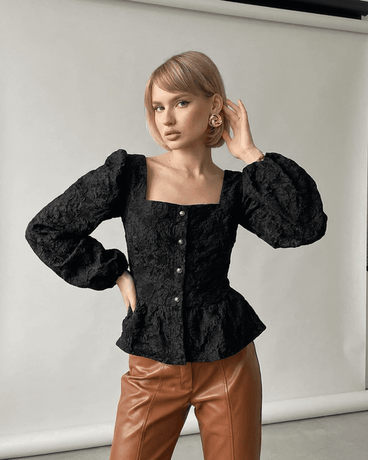 Noir Corset Top by SLIMONA featuring jacquard square neck and puff sleeves, perfect for a sophisticated look.