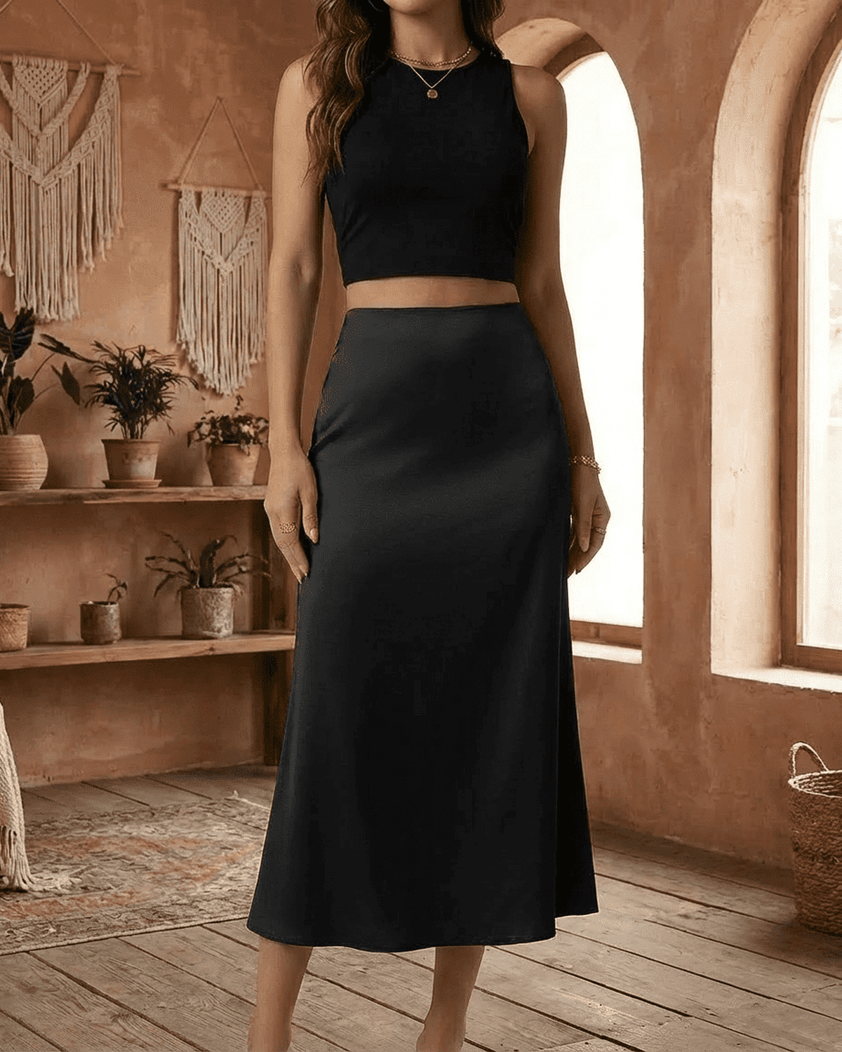 Noirelle Midi Skirt by SLIMONA - Elegant satin mermaid midi skirt in classic black, perfect for any occasion.