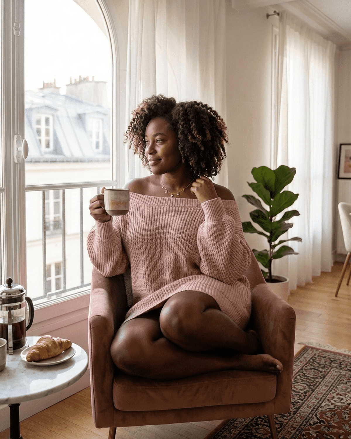 Woman in a soft pink ribbed knit off-the-shoulder dress enjoying coffee, featuring the Nova Mini Dress style by SLIMONA.