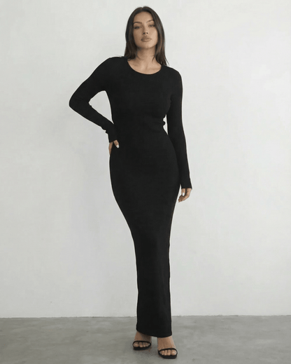 Nyx Maxi Dress by Lauven - Long sleeve black dress featuring a sleek pencil silhouette and open back detail.