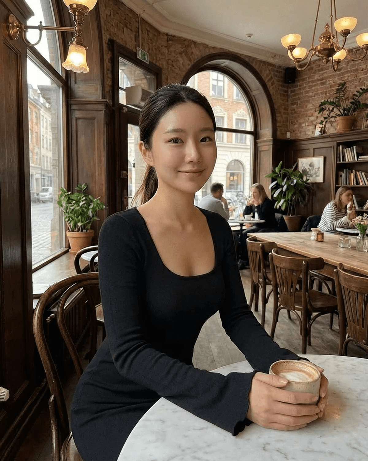 Woman in Nyx Maxi Dress sits at a café table holding a coffee, showcasing a stylish look with a square neckline.