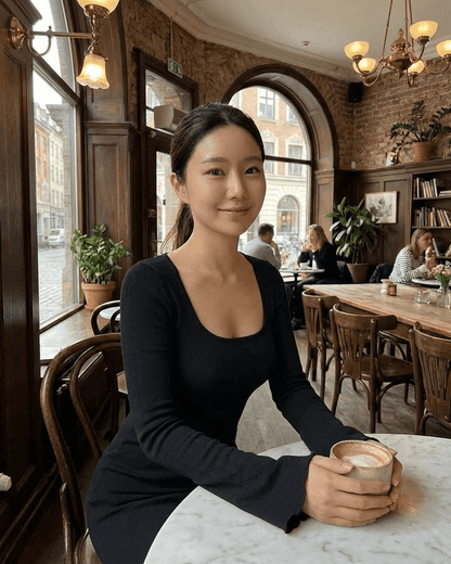 Woman in Nyx Maxi Dress sits at a café table holding a coffee, showcasing a stylish look with a square neckline.