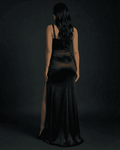 Elegant back view of the Nyx Maxi Dress by SLIMONA with a mermaid silhouette and alluring slit.