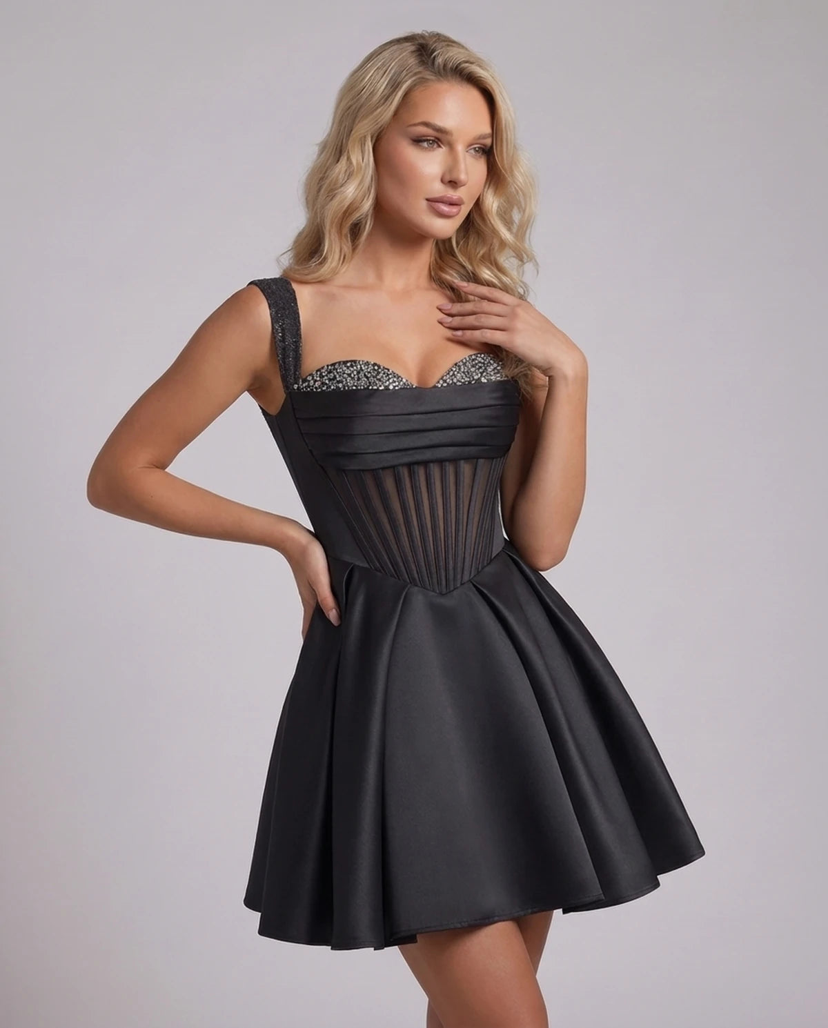 Octavia Mini Dress — Black | SKU: SD-67049-black-2,SD-67049-black-4,SD-67049-black-6,SD-67049-black-8,SD-67049-black-10,SD-67049-black-12,SD-67049-black-14,SD-67049-black-14W,SD-67049-black-16,SD-67049-black-16W,SD-67049-black-18W,SD-67049-black-20W