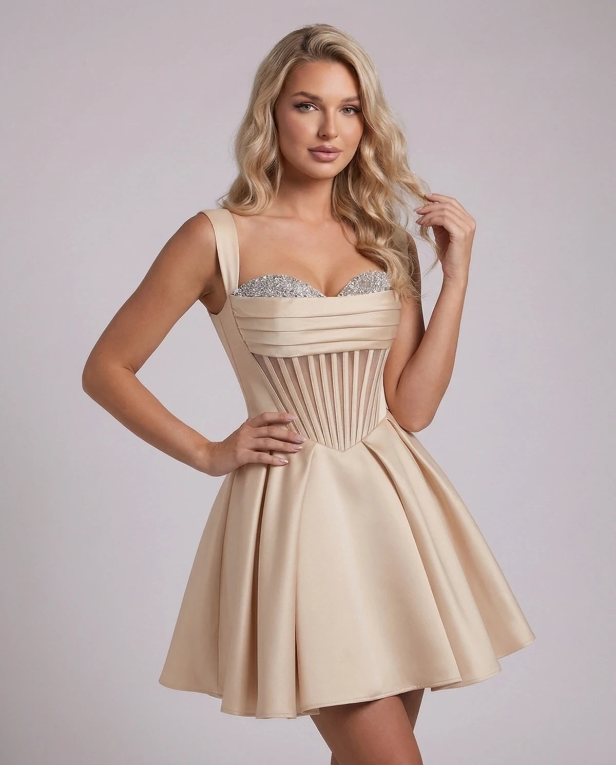 Octavia Mini Dress — Champagne | SKU: SD-67049-champagne-2,SD-67049-champagne-4,SD-67049-champagne-6,SD-67049-champagne-8,SD-67049-champagne-10,SD-67049-champagne-12,SD-67049-champagne-14,SD-67049-champagne-14W,SD-67049-champagne-16,SD-67049-champagne-16W,SD-67049-champagne-18W,SD-67049-champagne-20W