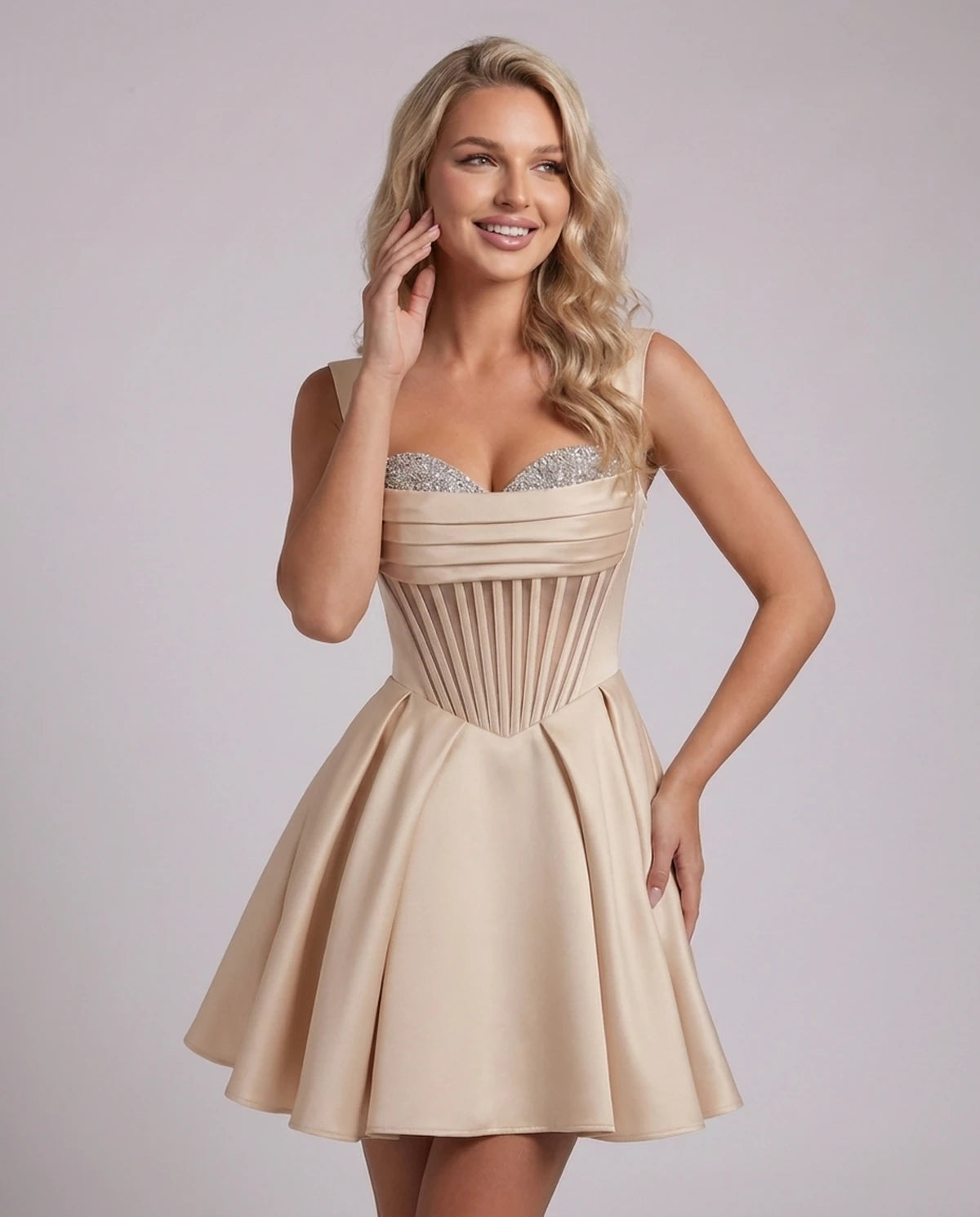 Octavia Mini Dress — Champagne | SKU: SD-67049-champagne-2,SD-67049-champagne-4,SD-67049-champagne-6,SD-67049-champagne-8,SD-67049-champagne-10,SD-67049-champagne-12,SD-67049-champagne-14,SD-67049-champagne-14W,SD-67049-champagne-16,SD-67049-champagne-16W,SD-67049-champagne-18W,SD-67049-champagne-20W