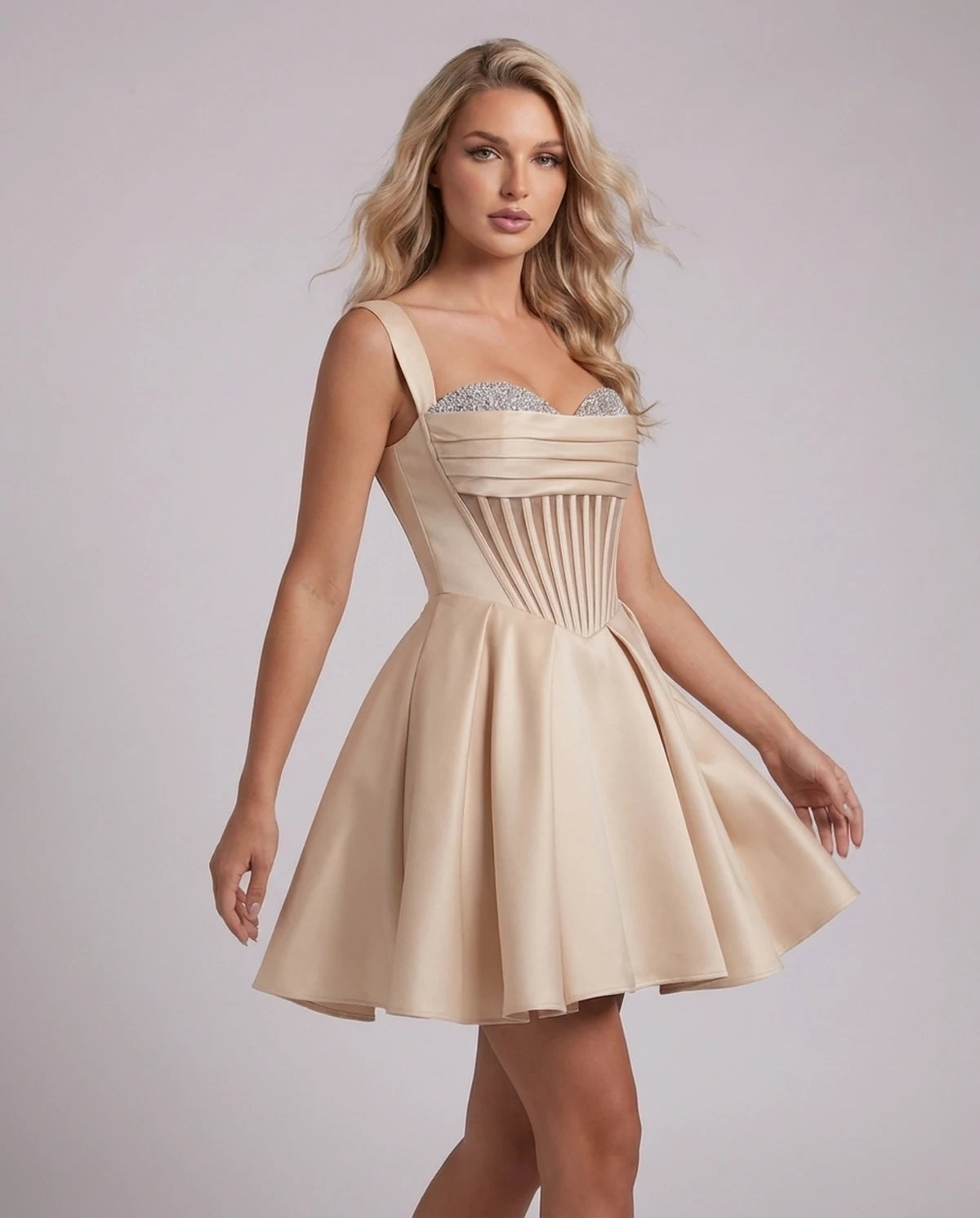 Octavia Mini Dress — Champagne | SKU: SD-67049-champagne-2,SD-67049-champagne-4,SD-67049-champagne-6,SD-67049-champagne-8,SD-67049-champagne-10,SD-67049-champagne-12,SD-67049-champagne-14,SD-67049-champagne-14W,SD-67049-champagne-16,SD-67049-champagne-16W,SD-67049-champagne-18W,SD-67049-champagne-20W