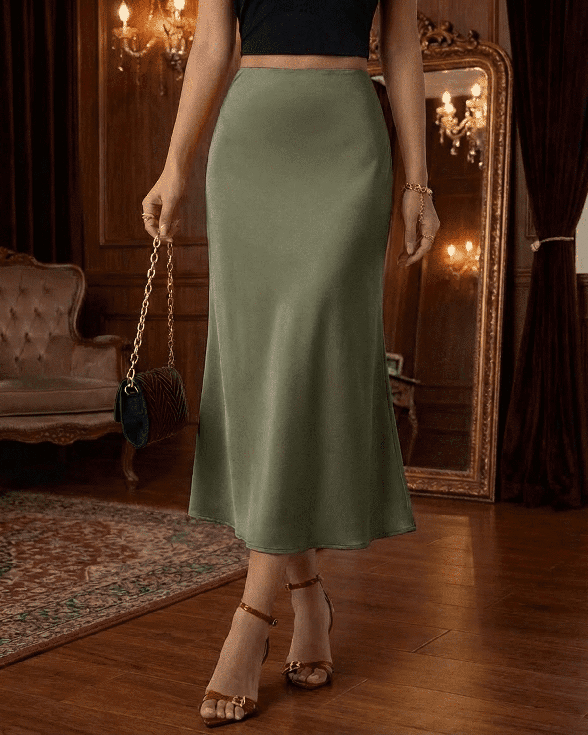 Olivia Midi Skirt by SLIMONA, olive green satin mermaid midi skirt creating an elegant silhouette.