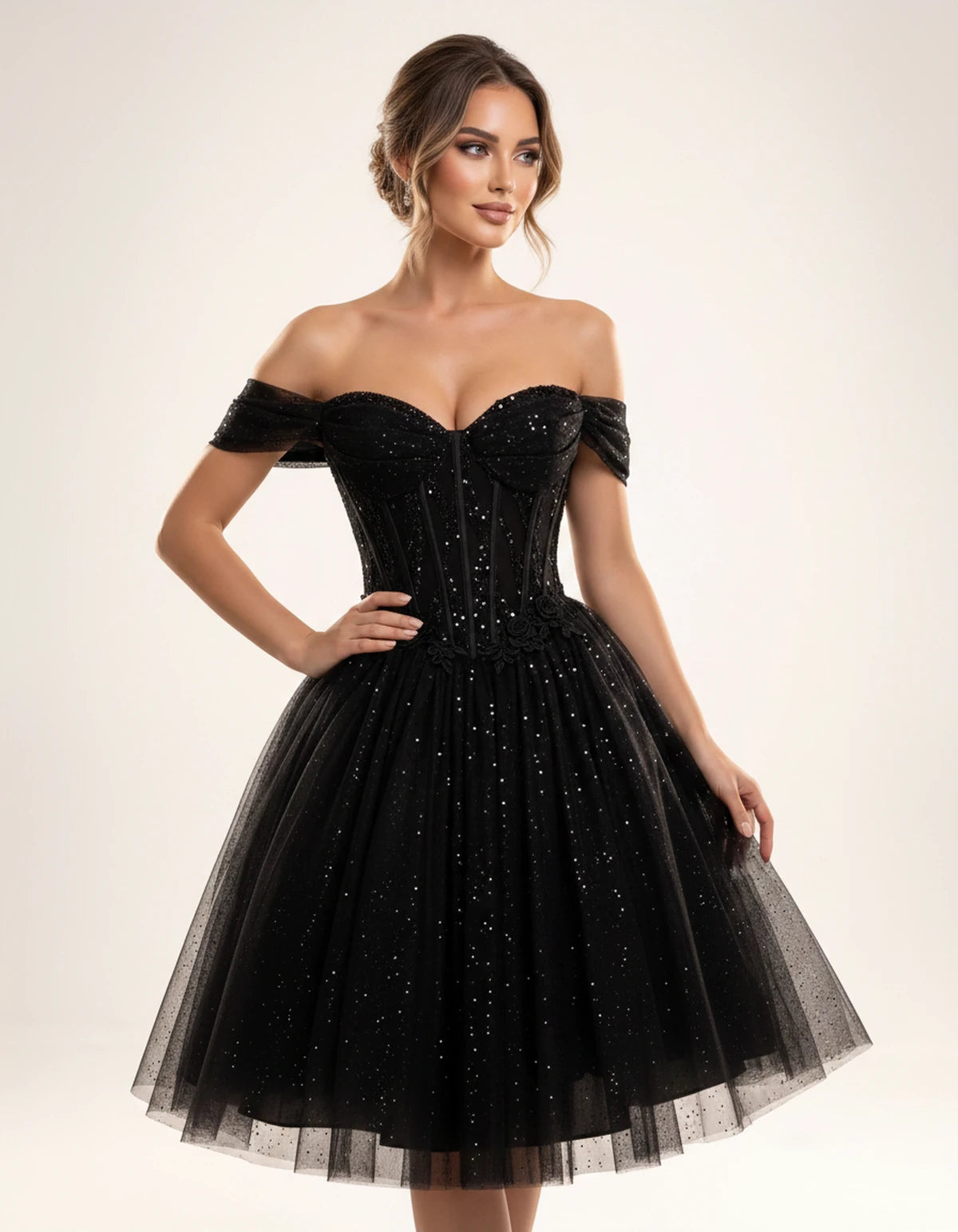 Olwenna Midi Dresses — Black | SKU: SD-99298-black-2,SD-99298-black-4,SD-99298-black-6,SD-99298-black-8,SD-99298-black-10,SD-99298-black-12,SD-99298-black-14,SD-99298-black-14W,SD-99298-black-16,SD-99298-black-16W,SD-99298-black-18W,SD-99298-black-20W