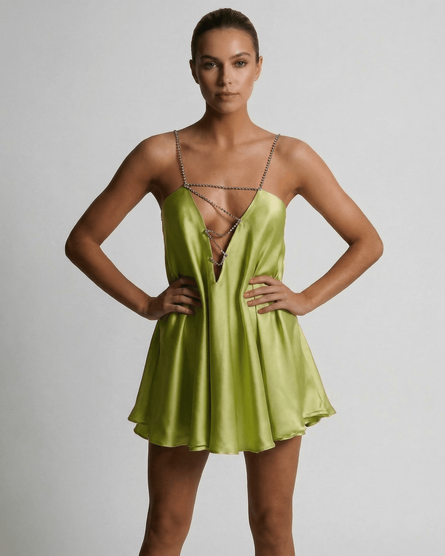 Chartreuse Mini Dress by Lauven featuring a sleek A-Line silhouette and V-neckline in silky fabric.