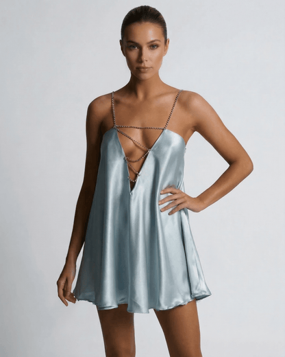 Celeste Mini Dress by Lauven in soft sky blue satin with rhinestone detailing, perfect for summer events.