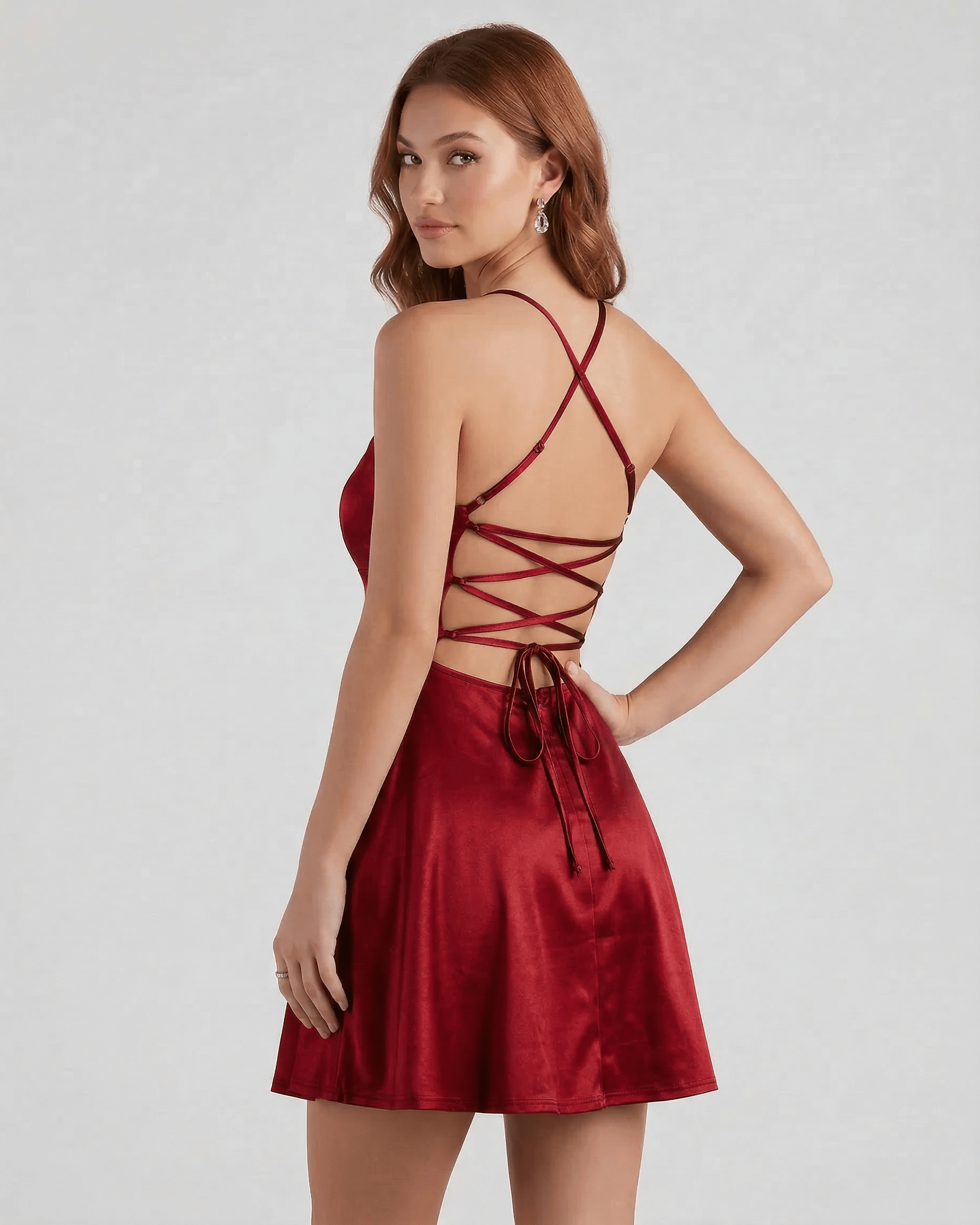 Ruby Satin Mini by Lauven – Elegant A-line red satin mini dress with a stylish lace-up back.