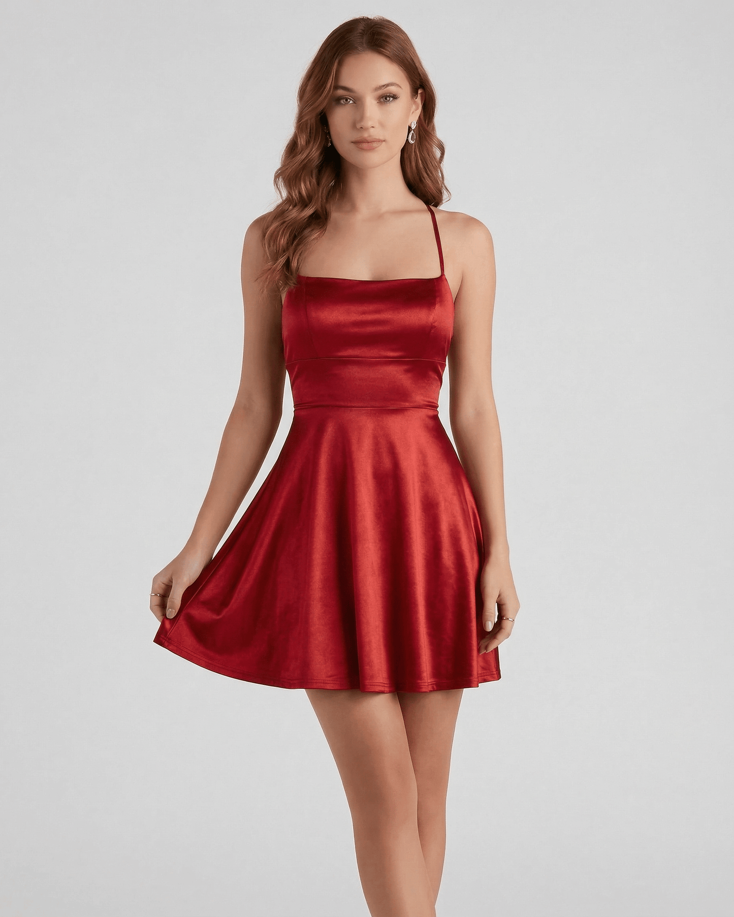 Ruby Satin Mini by Lauven - Elegant red A-line mini dress with a flattering silhouette and spaghetti straps.